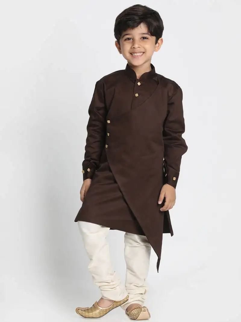Boys coffee and cream cotton satin blend kurta pyjama set
