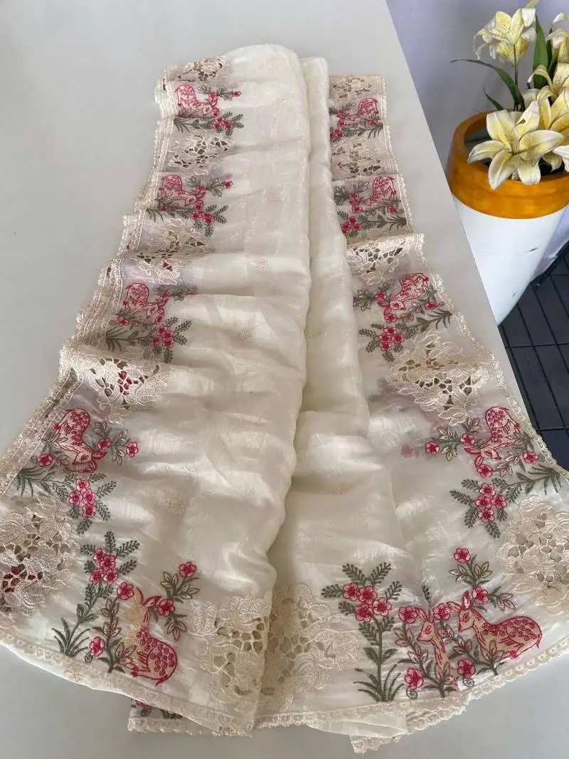 White crush silk saree with all over embroidery design and cut work design