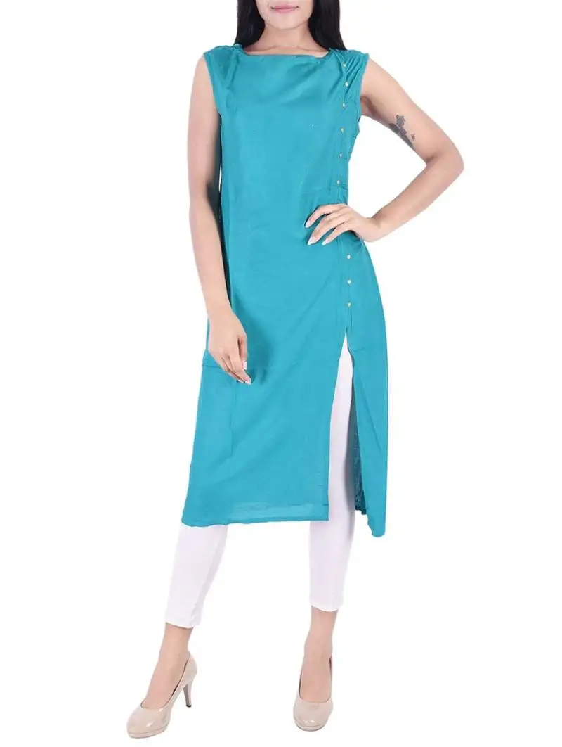 Blue plain rayon long-kurtis