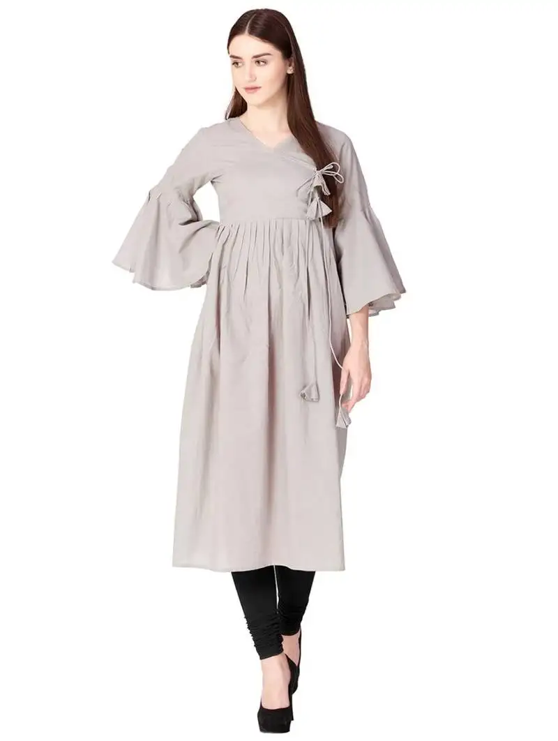 Grey plain cotton long-kurtis