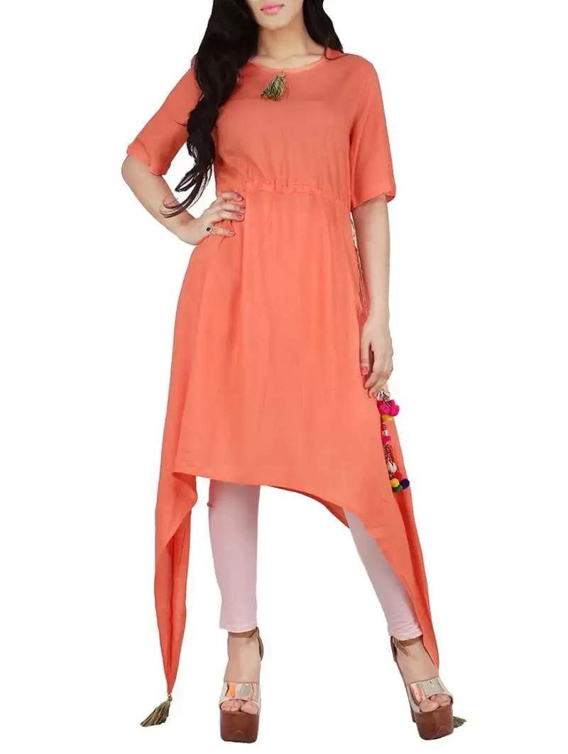 Orange plain rayon long-kurtis