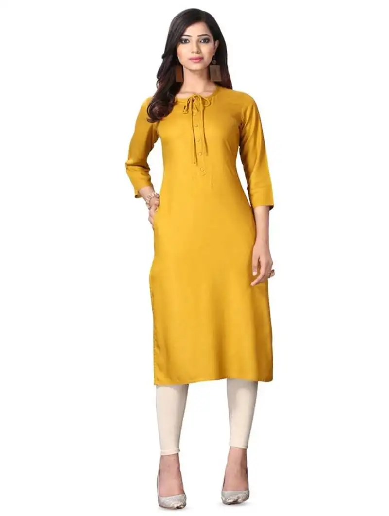 Mustard plain rayon long-kurtis