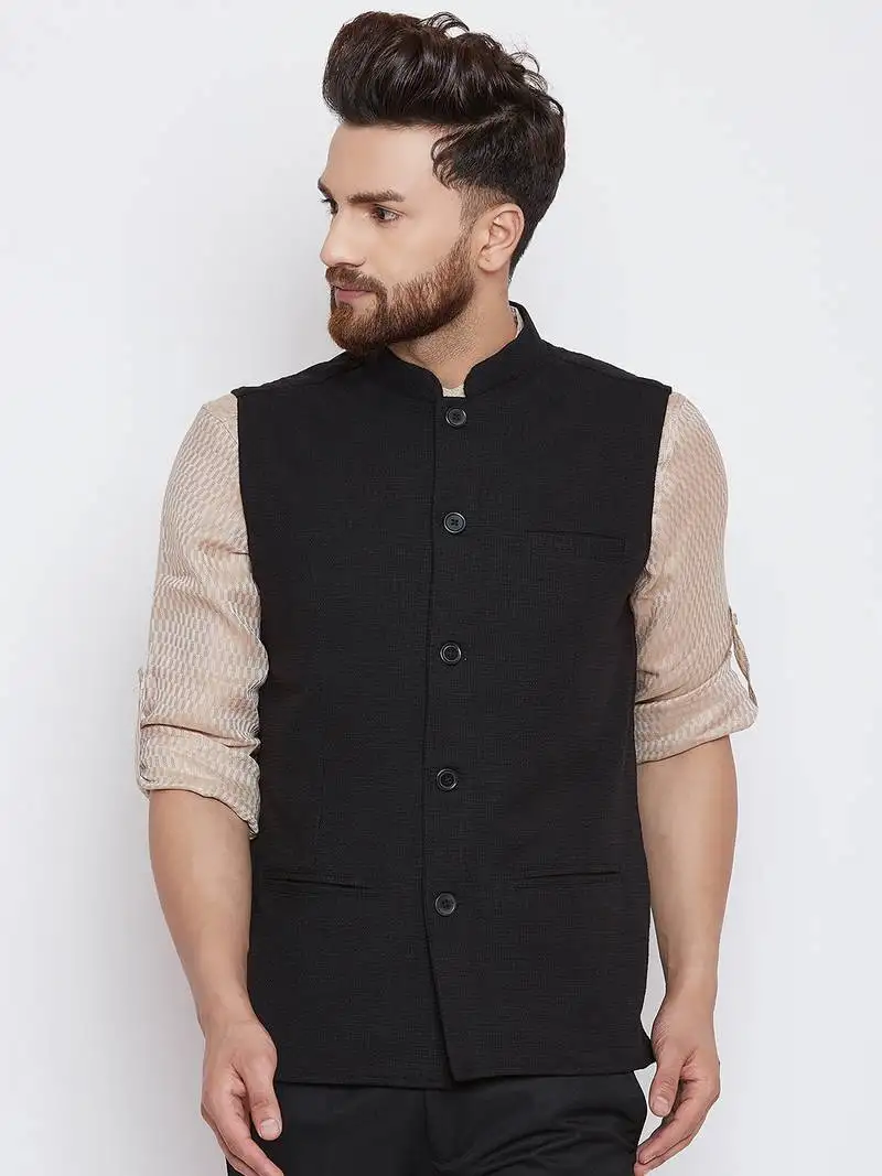 Black woven linen nehru-jacket