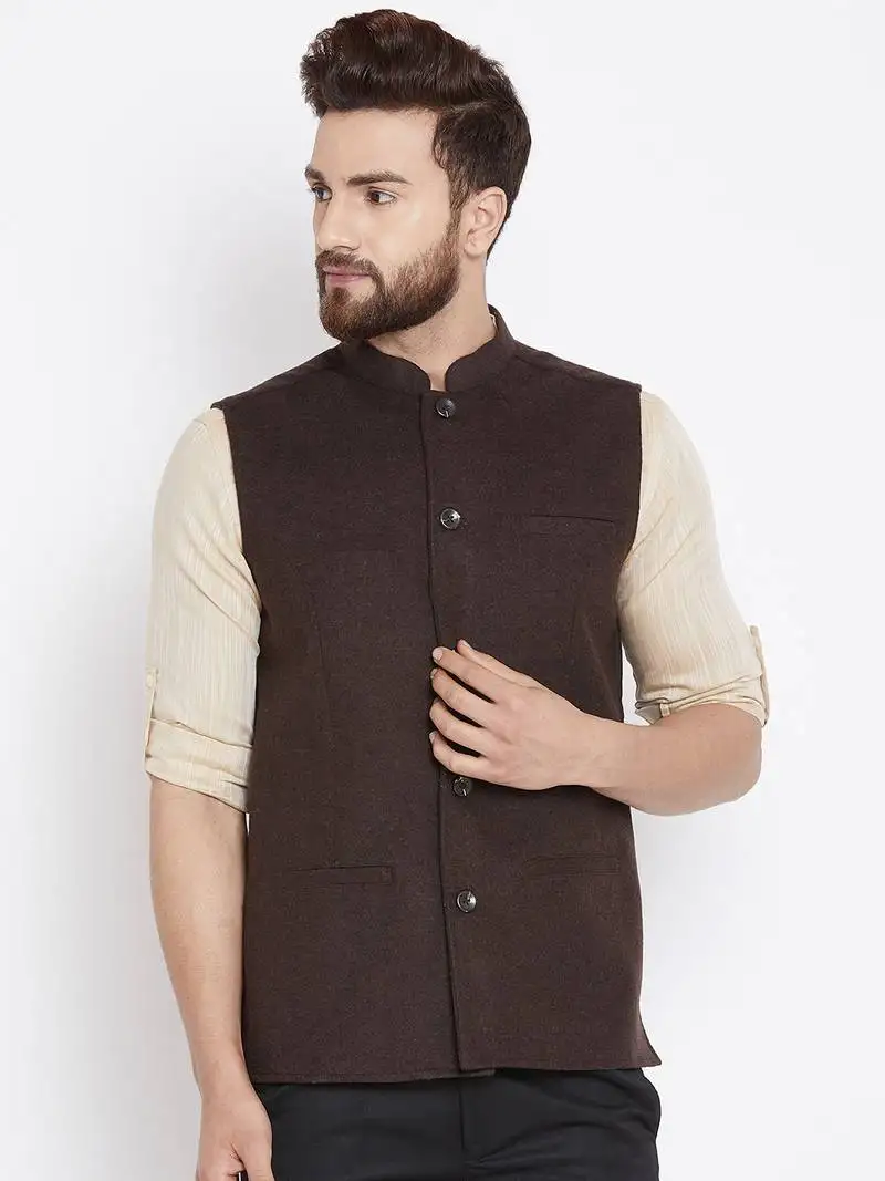 Brown woven wool nehru jacket