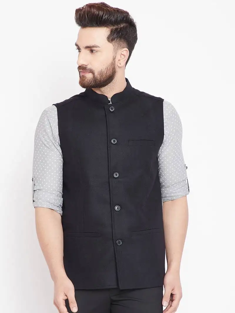 Black woven wool nehru-jacket