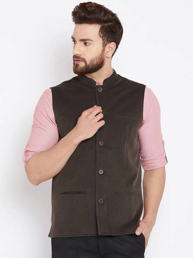 Brown woven wool nehru-jacket