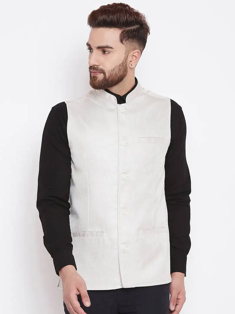 White woven poly cotton nehru-jacket