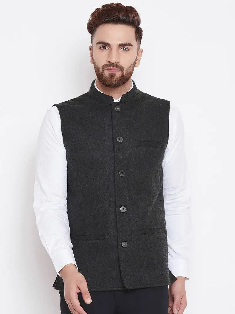 Grey woven wool nehru jacket