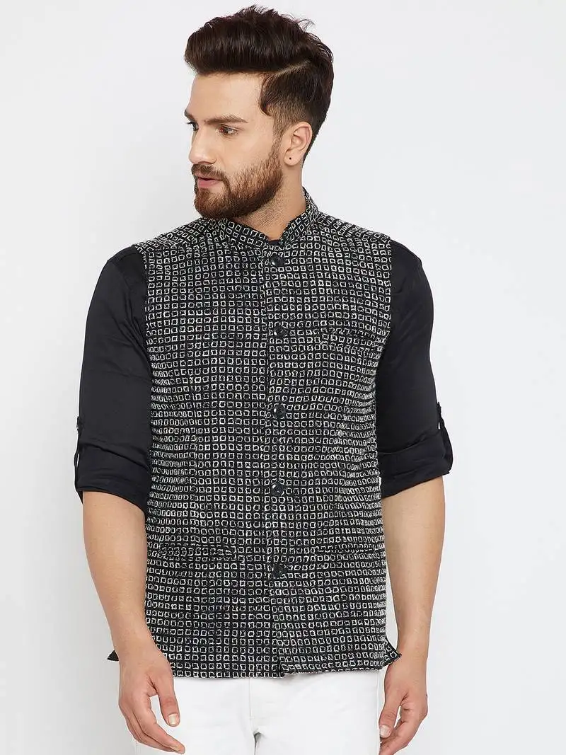 Black woven poly cotton nehru jacket