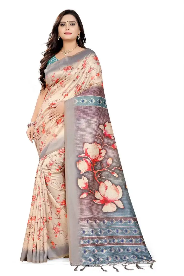 Multicolor printed tussar silk saree with blouse