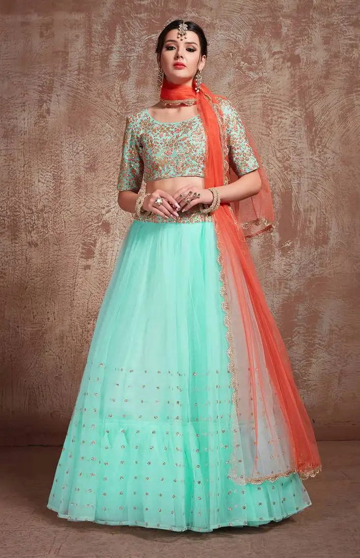 Exquisite blue party wear sequins embroidered net fabric lehenga choli