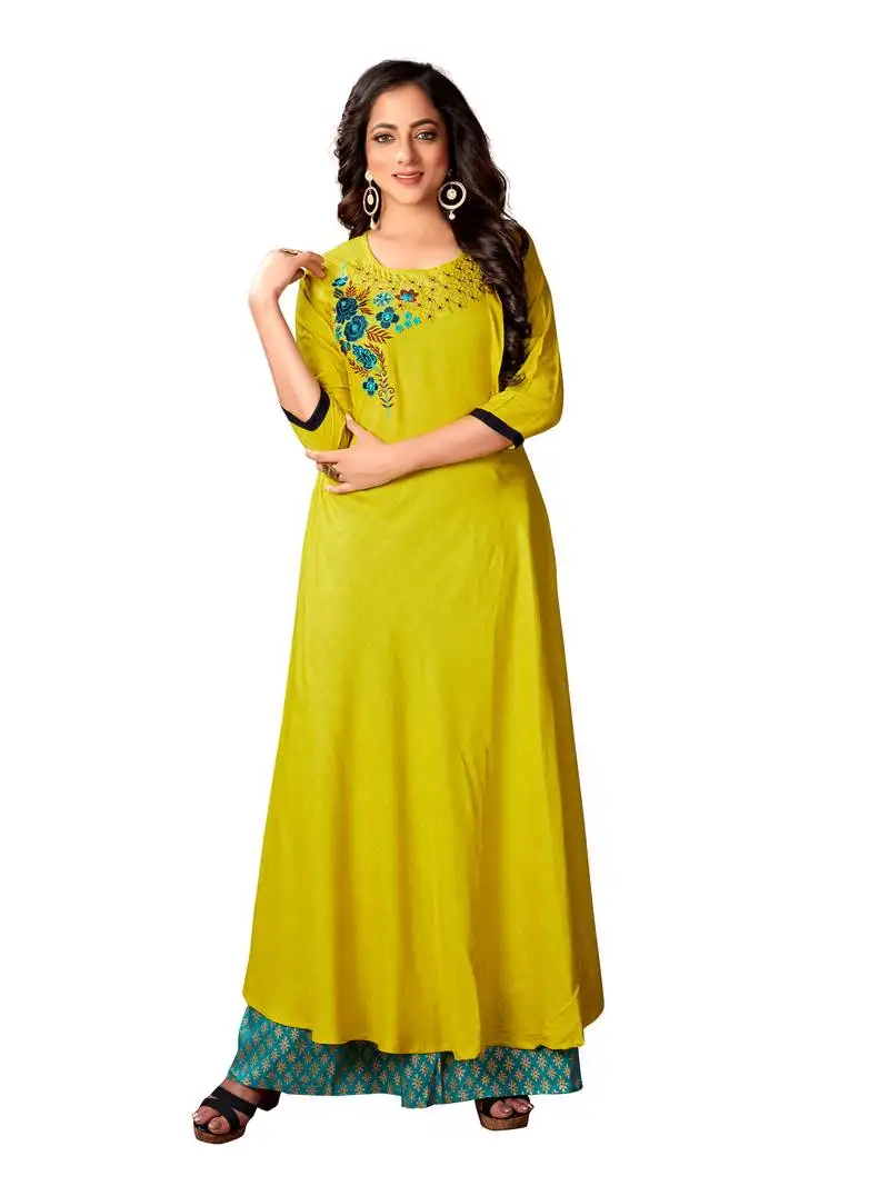 Parrot green rayon slub anarkali kurti
