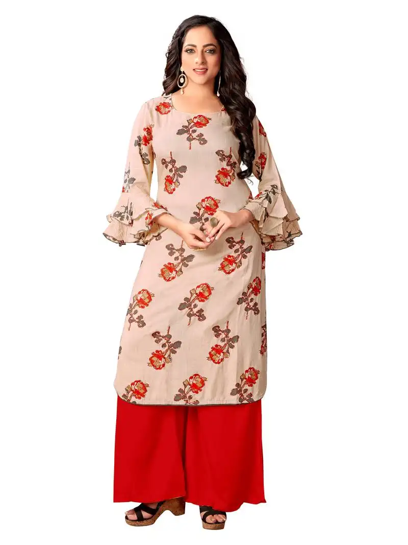 Beige rayon slub straight kurta