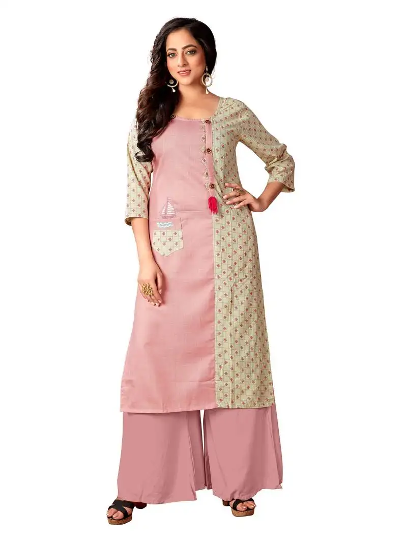 Baby pink & off white cotton slub straight kurti