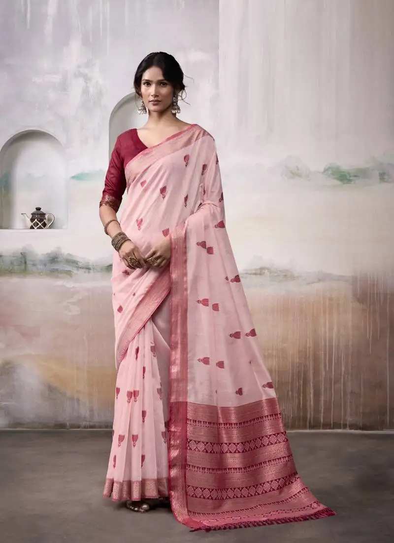 Light red & maroon cotton weaving zari border casual wear saree