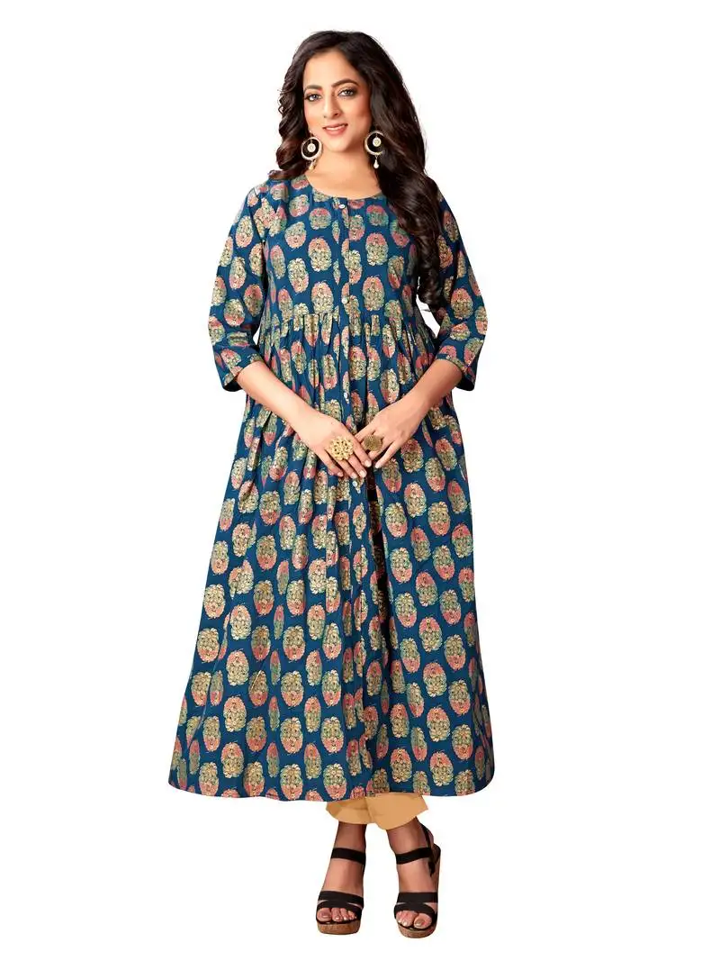 Navy blue cotton foil print anarkali kurti