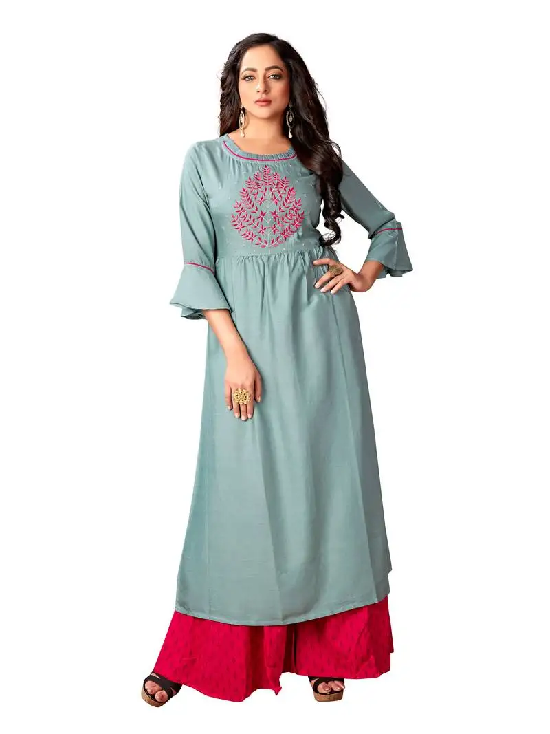 Sea green rayon embroidered a line kurti