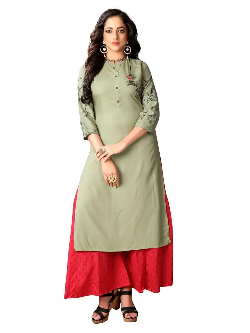 Mehndi green rayon embroidered straight kurti