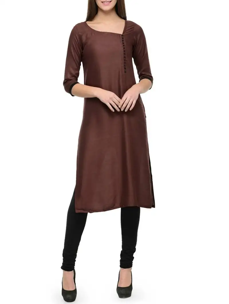 Brown plain cotton long-kurtis