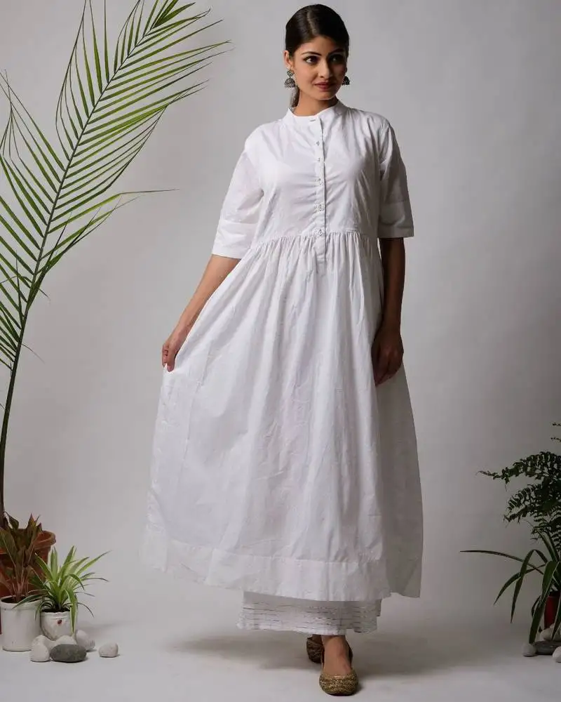 White plain cotton long-kurtis