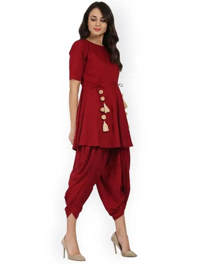 Maroon plain silk long-kurtis