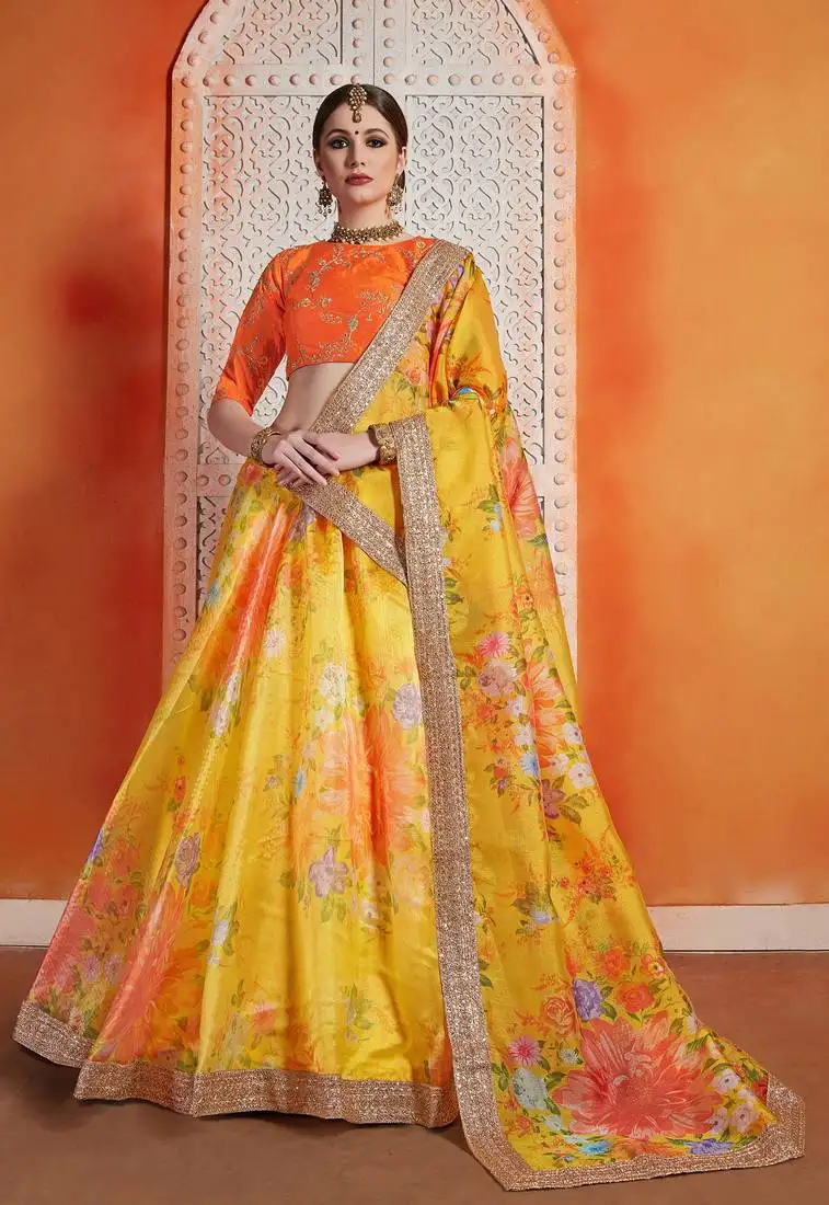 Yellow sequins embroidered organza semi stitched floral lehenga