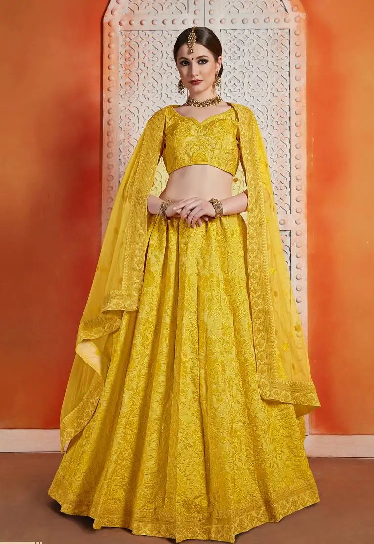 Yellow sequins embroidered art silk semi stitched floral lehenga