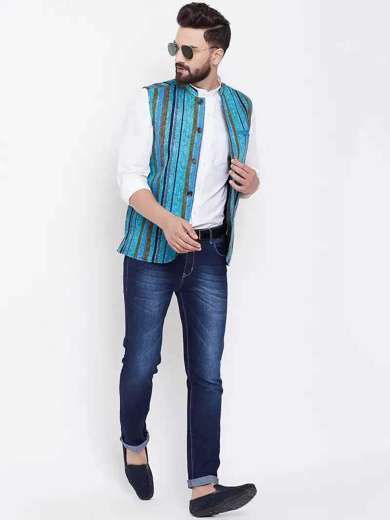 Blue woven viscose rayon nehru-jacket