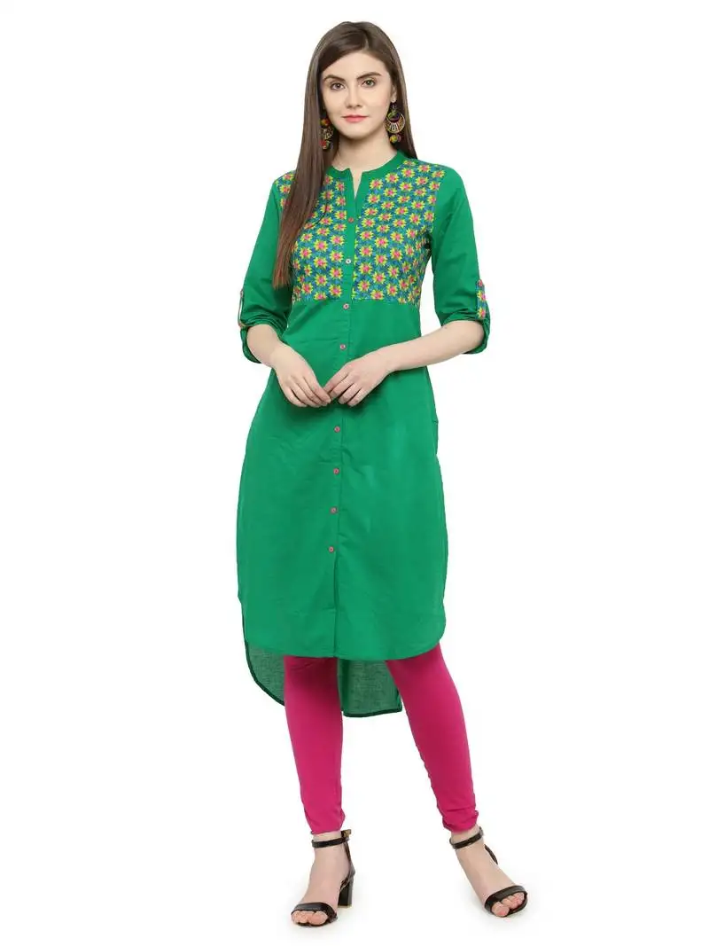 Geroo jaipur green hand embroidered straight cotton kurta