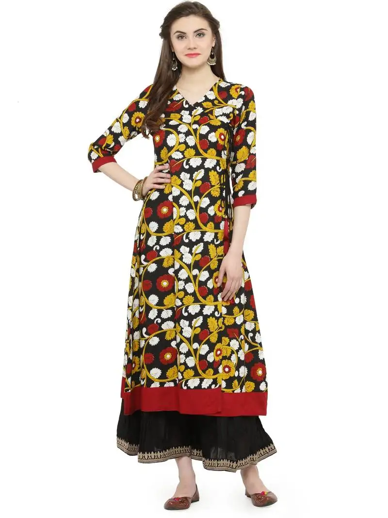 Geroo jaipur black printed rayon kurtas-and-kurtis