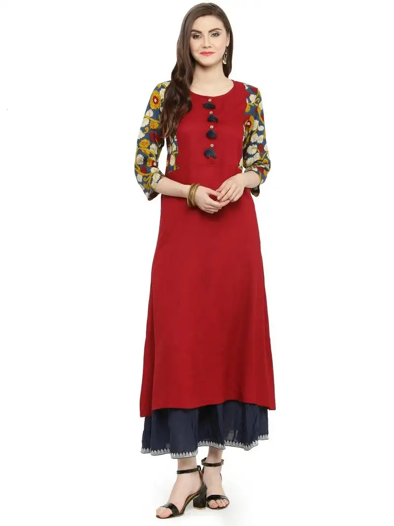 Geroo jaipur red & blue kalamkari hand block printed rayon kurta