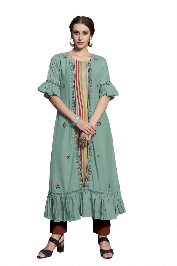 Sea-green embroidered crepe ethnic-kurtis