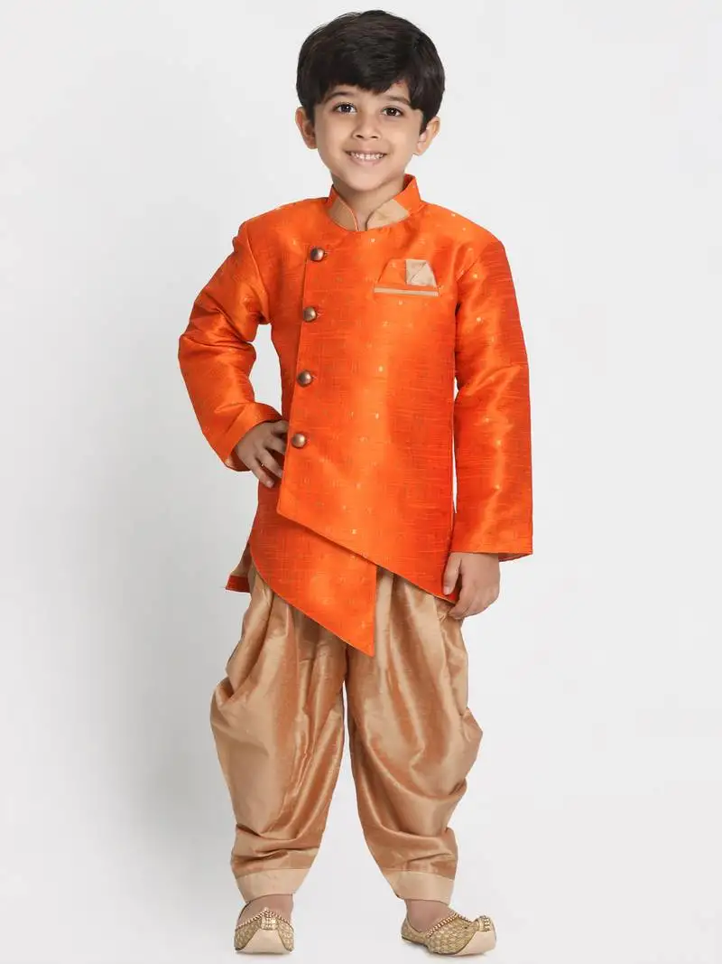Boys rust and rose gold silk blend indowestern sherwani and dhoti set