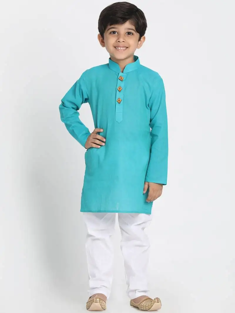 Boys cyan pure cotton kurta pyjama set