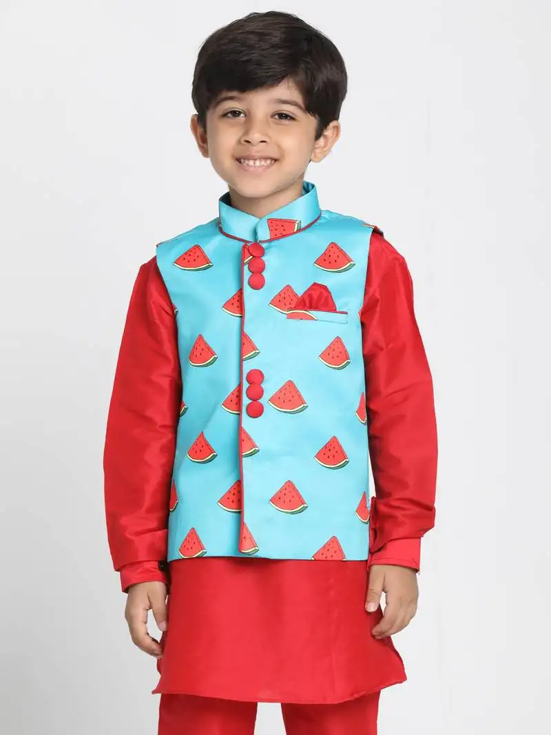 Boys electric blue cotton satin blend nehru jacket