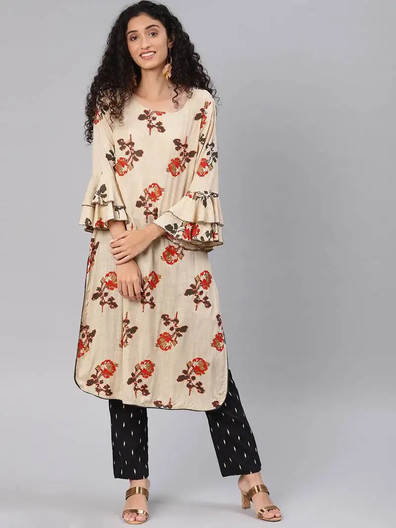 Beige printed rayon kurtas-and-kurtis