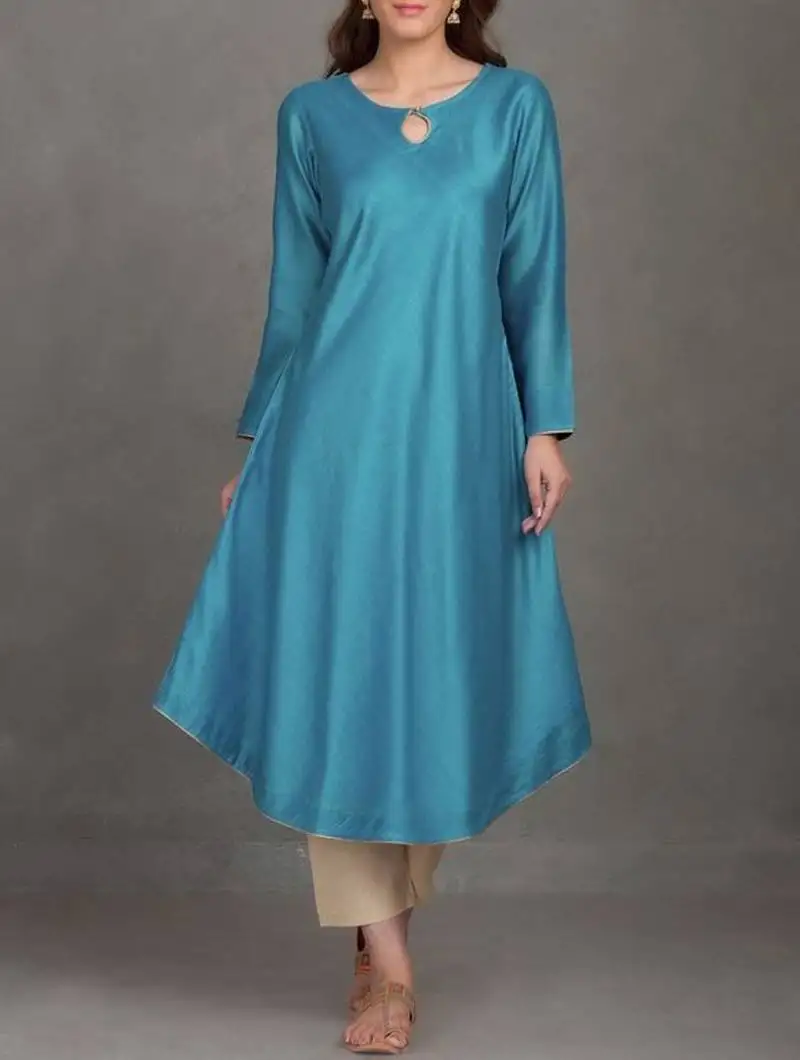 Blue plain silk long-kurtis