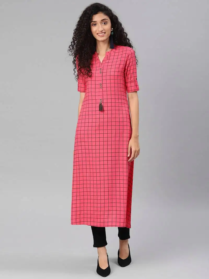 Pink rayon cotton printed a-line kurti with pocket