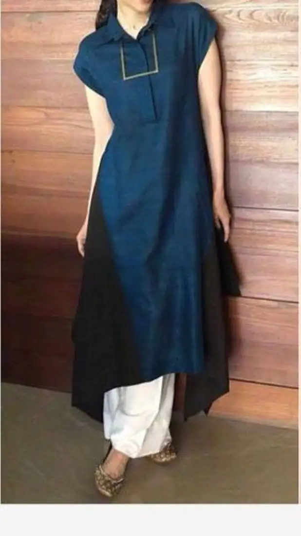 Navy-blue plain cotton long-kurtis