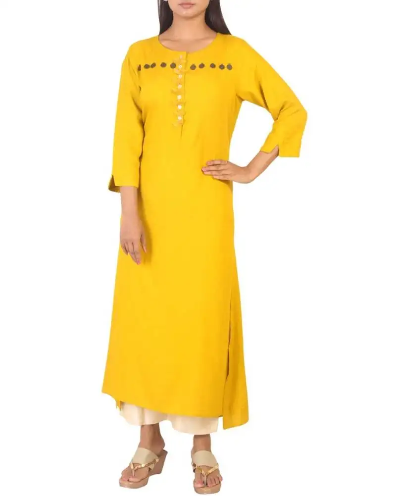 Yellow plain silk long-kurtis