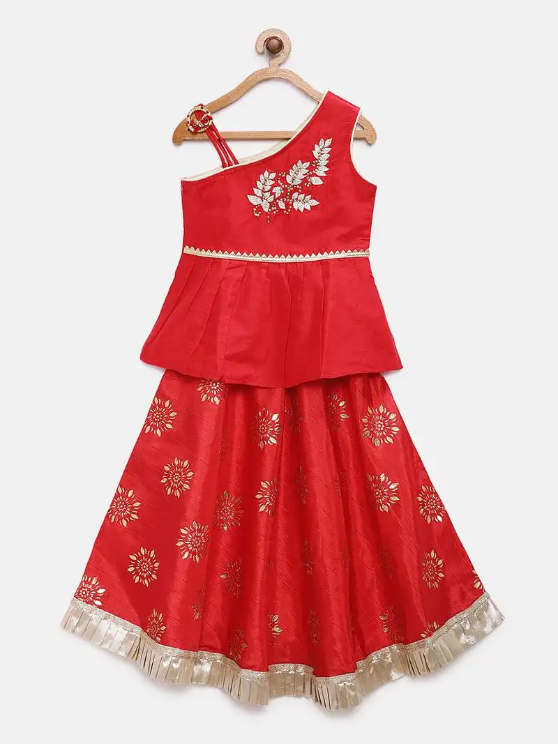 Red embroidered polyester girls-top-bottom