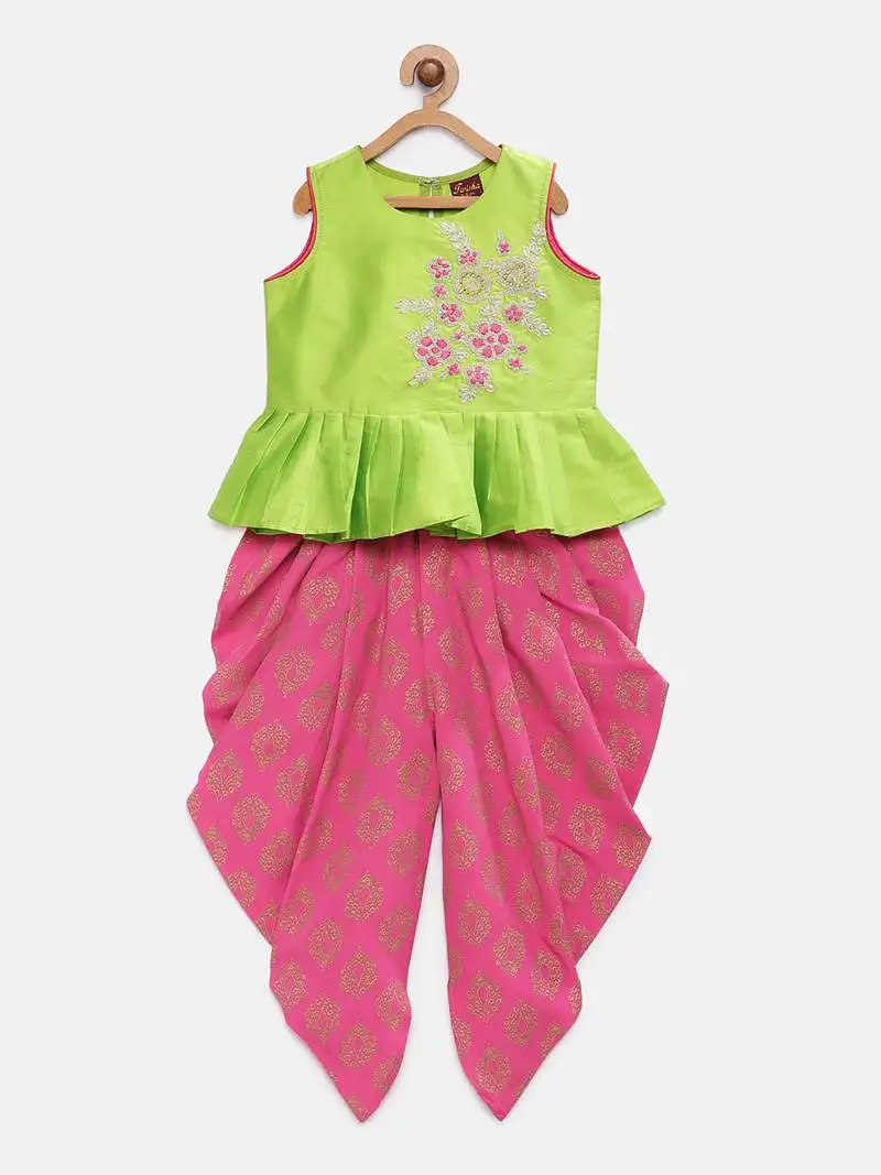 Green embroidered taffeta girls-top-bottom