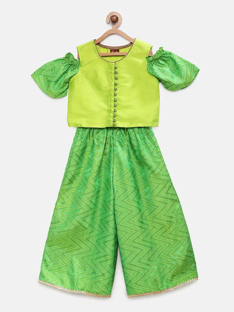 Green printed jaquard girls-top-bottom