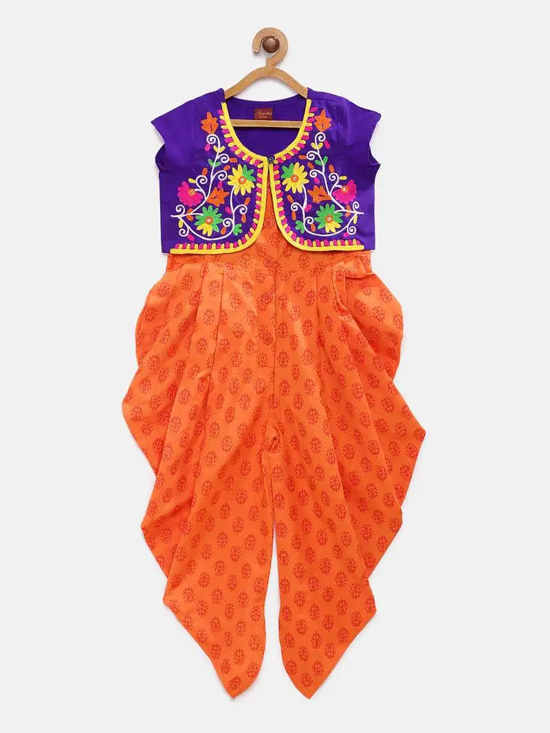 Purple embroidered cotton girls-top-bottom