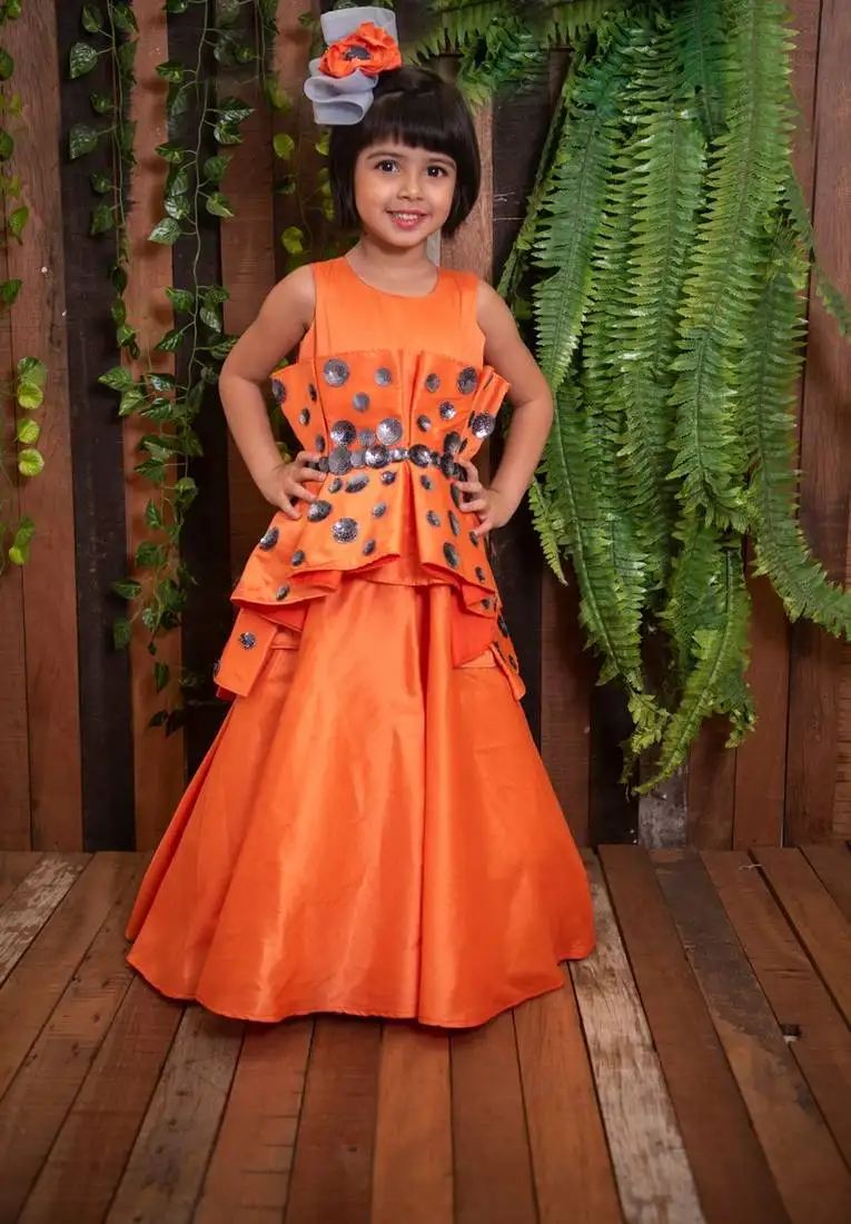 Orange plain art silk kids-girl-gowns