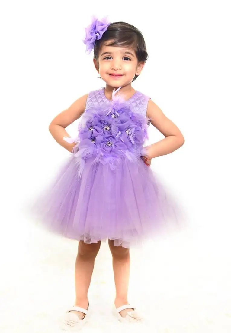 Purple plain net kids-frocks