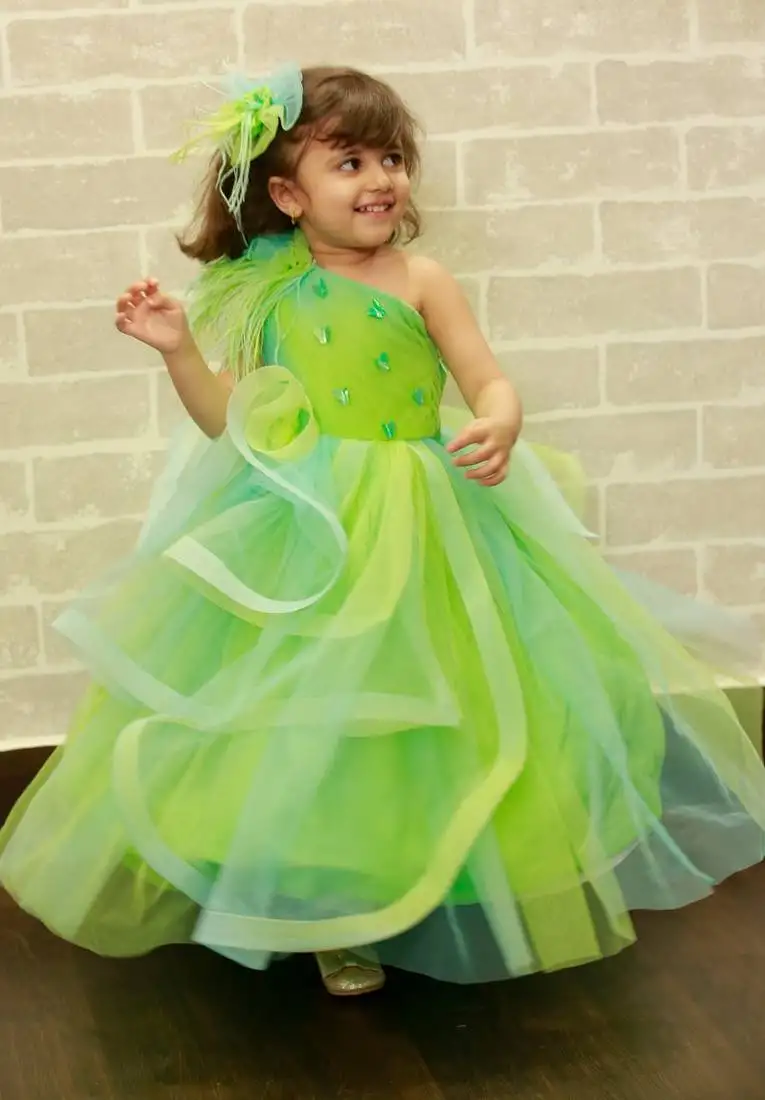 Green plain dupion silk kids-girl-gowns