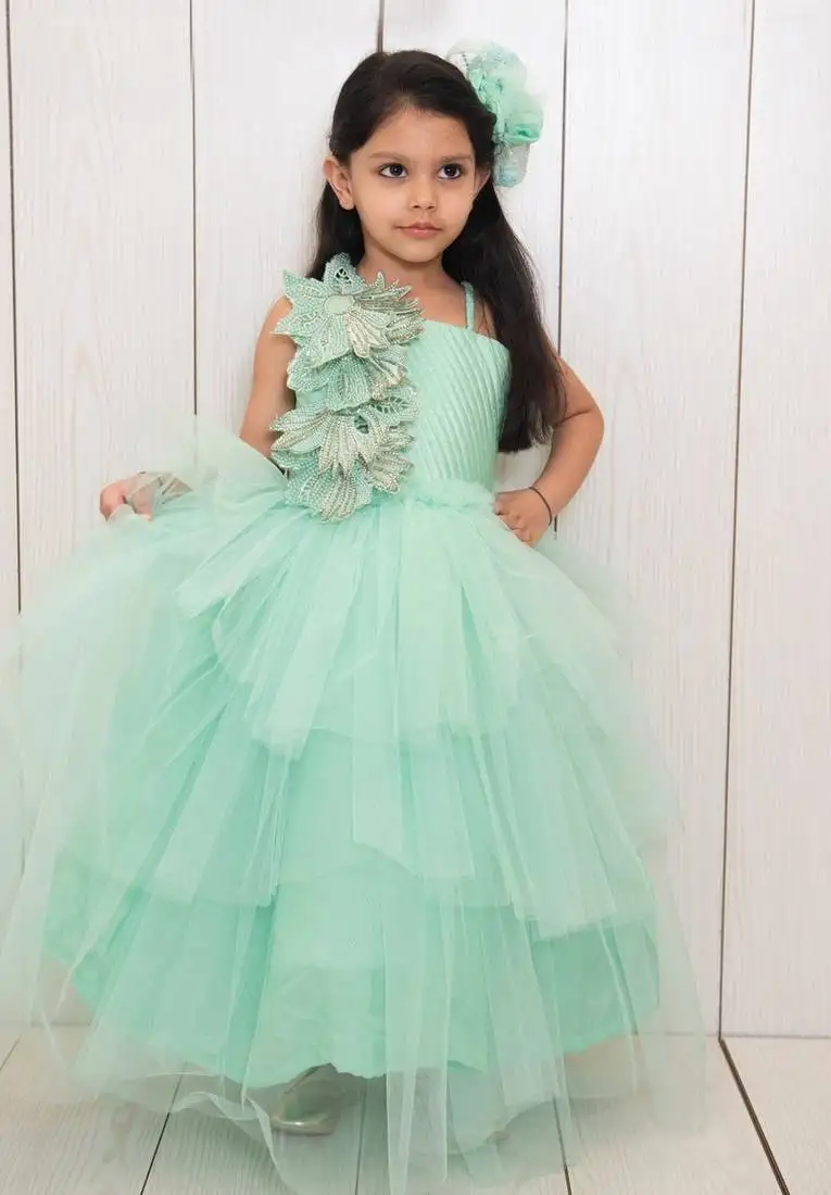 Green plain net kids-girl-gowns
