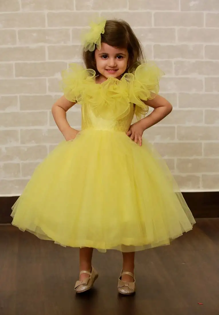 Yellow plain net kids-frocks