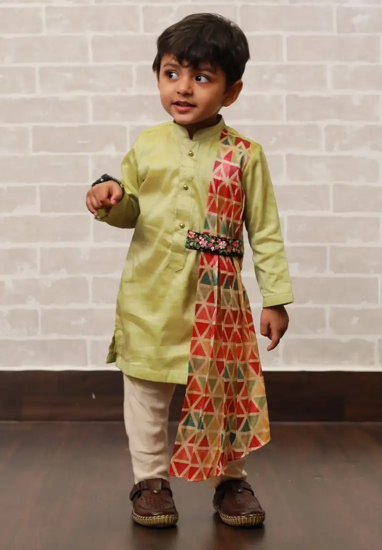 Green plain cotton silk boys-kurta-pyjama